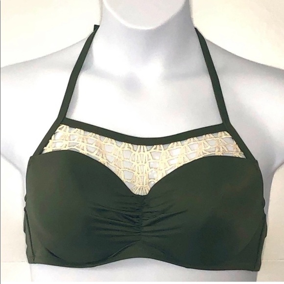 Shade & Shore Olive Green and White Crochet Trim Underwire Bikini Top size 38C - Picture 2 of 10